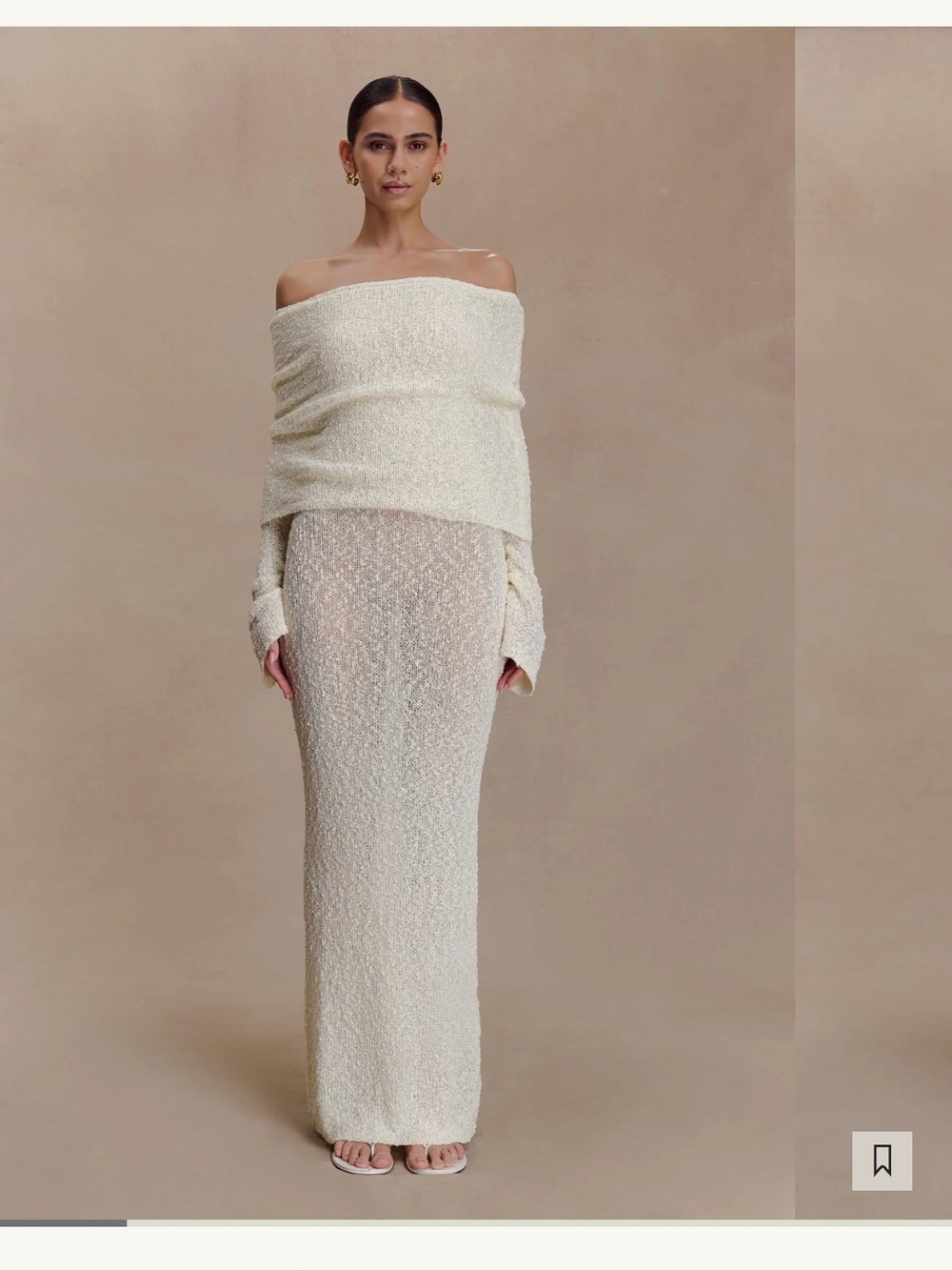 Meshki MARISOL Off-Shoulder Ivory Bouclé Knit Maxi Sweater Dress